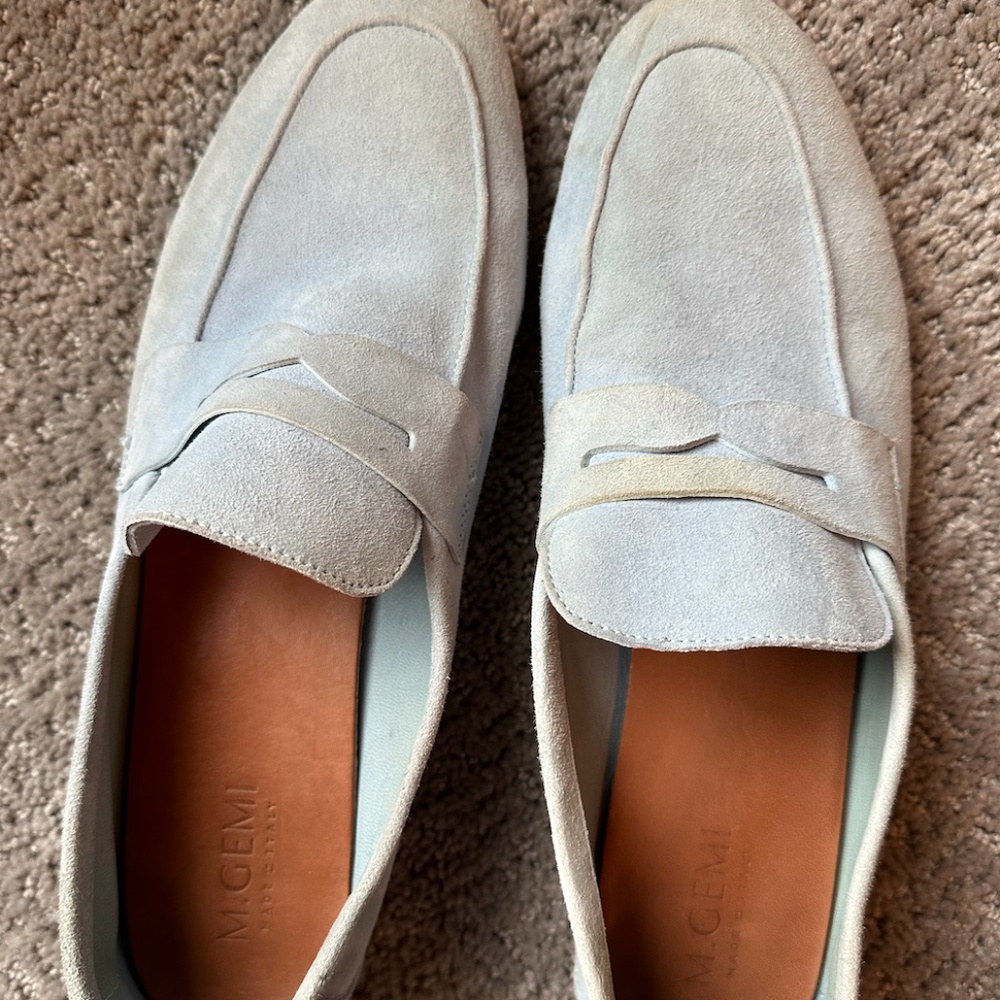 Leather light blue and brown loafers
